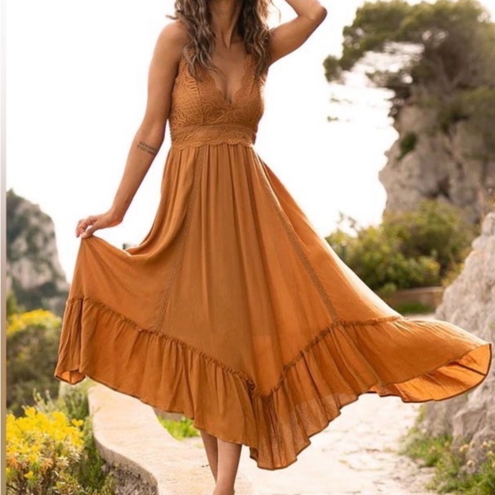 Joyfolie Boho Lace-Trim Maxi Dress